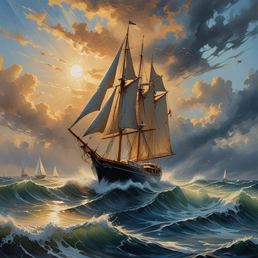 Impressionistic Sailboat Tossed on a Stormy Sea