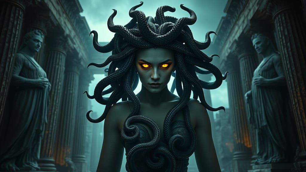 Medusa Goddess of Ancient Greek Mythology in Dark Mystical A...