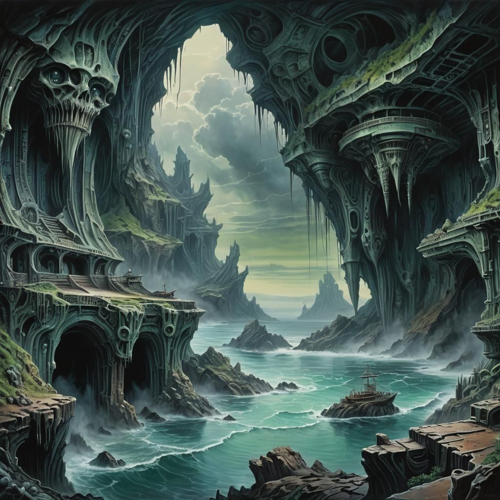 Eerie Biomechanical Ocean Landscape in Dreamlike Watercolor