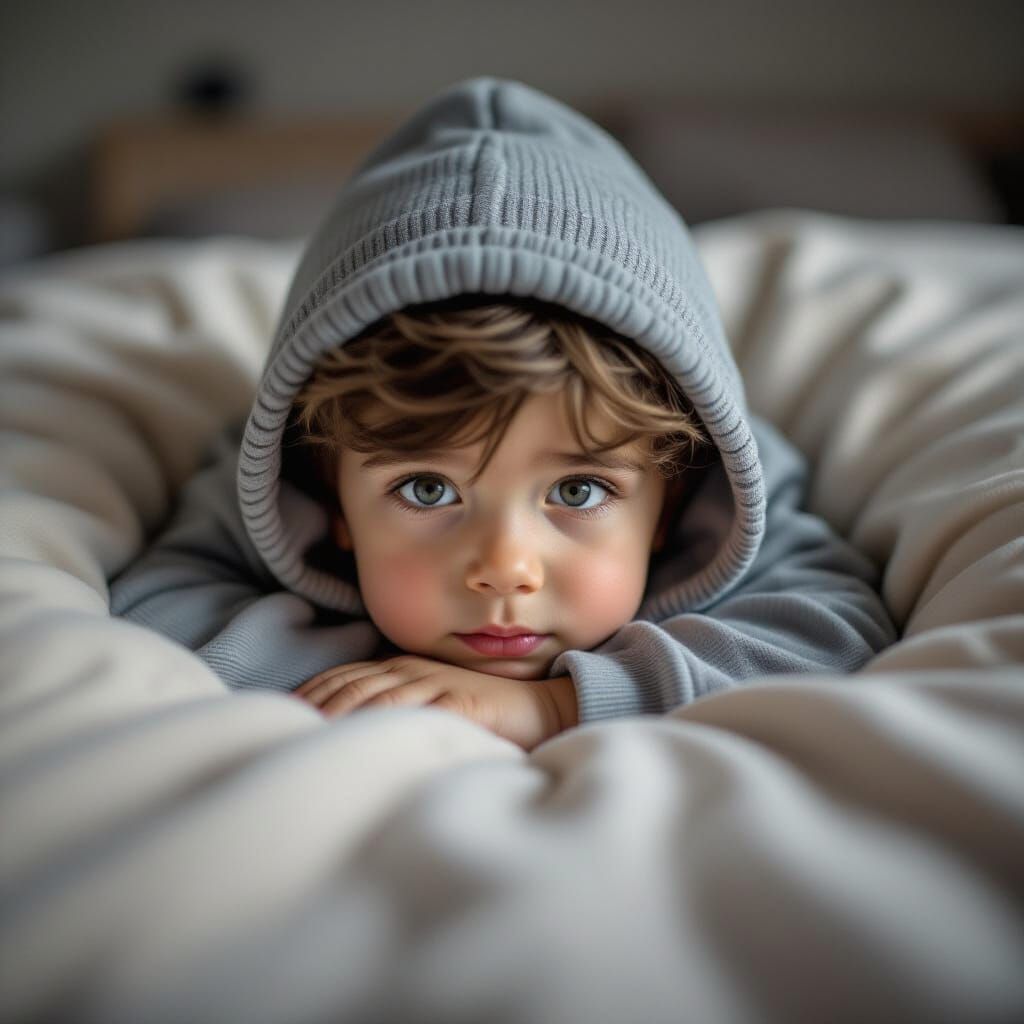 Scared Child Hiding Under Bed from Sleeping Monster