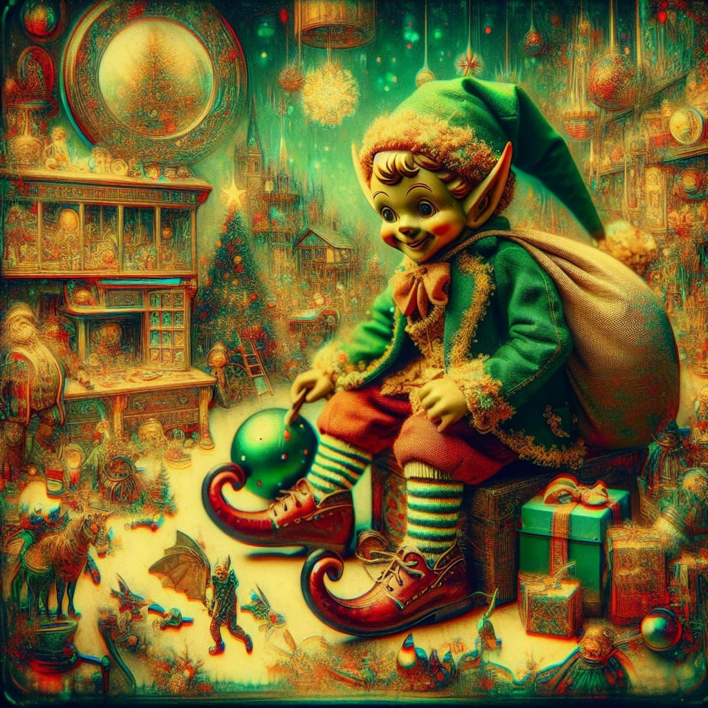 Imagine a whimsical elf with pointy shoes and a gift sack. T...