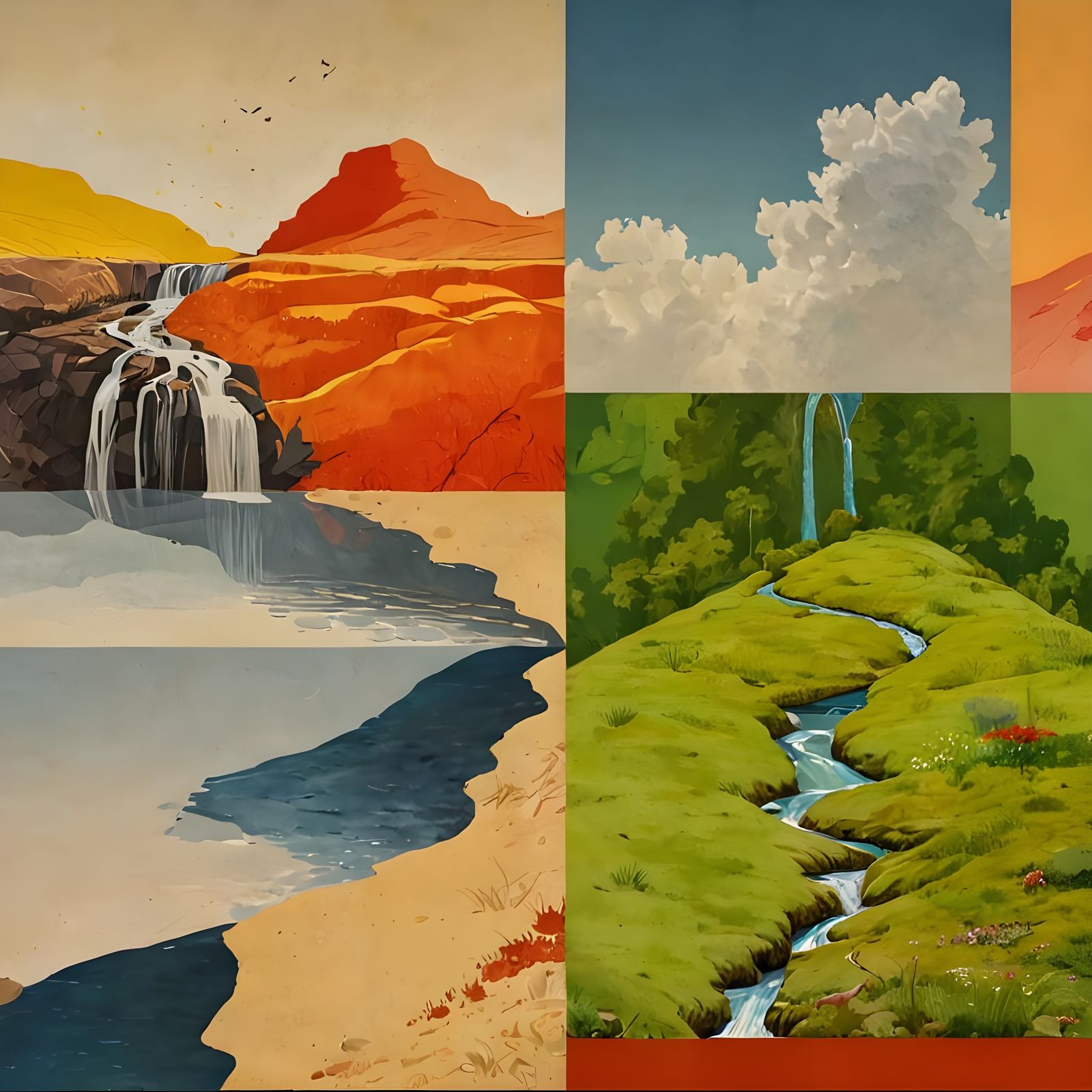 Vibrant Quadrant Landscape Painting with Waterfall