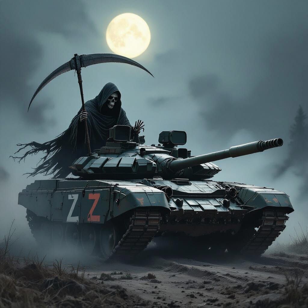 A Russian T-90 tank with a loosely painted Z across its side...