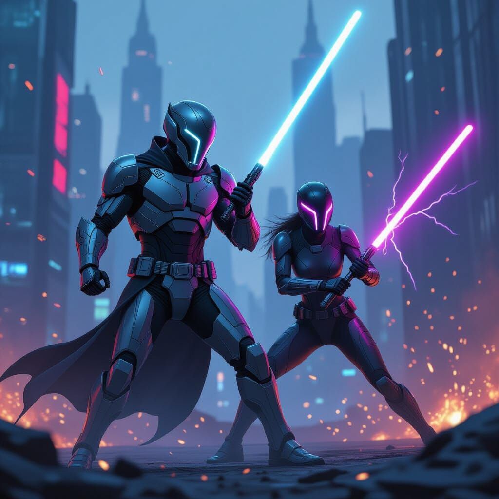 Jedi Heroes Battle Droids in Neon Metropolis