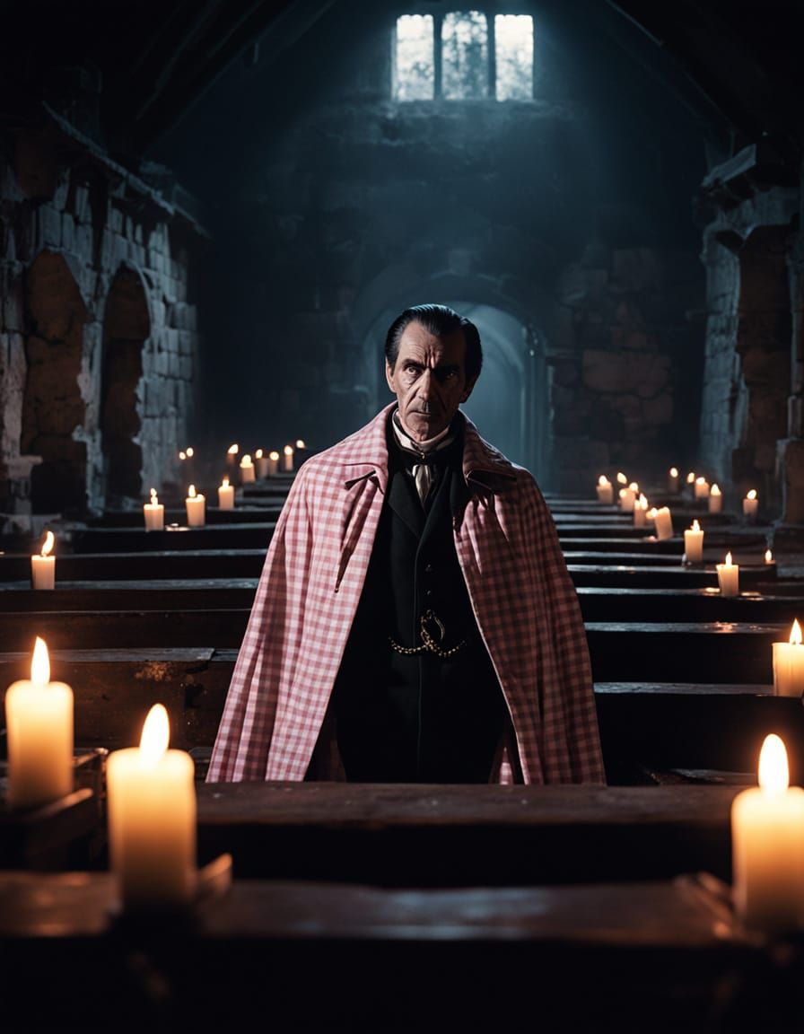 Dracula in Gingham Cape: Hyperrealistic Film Still