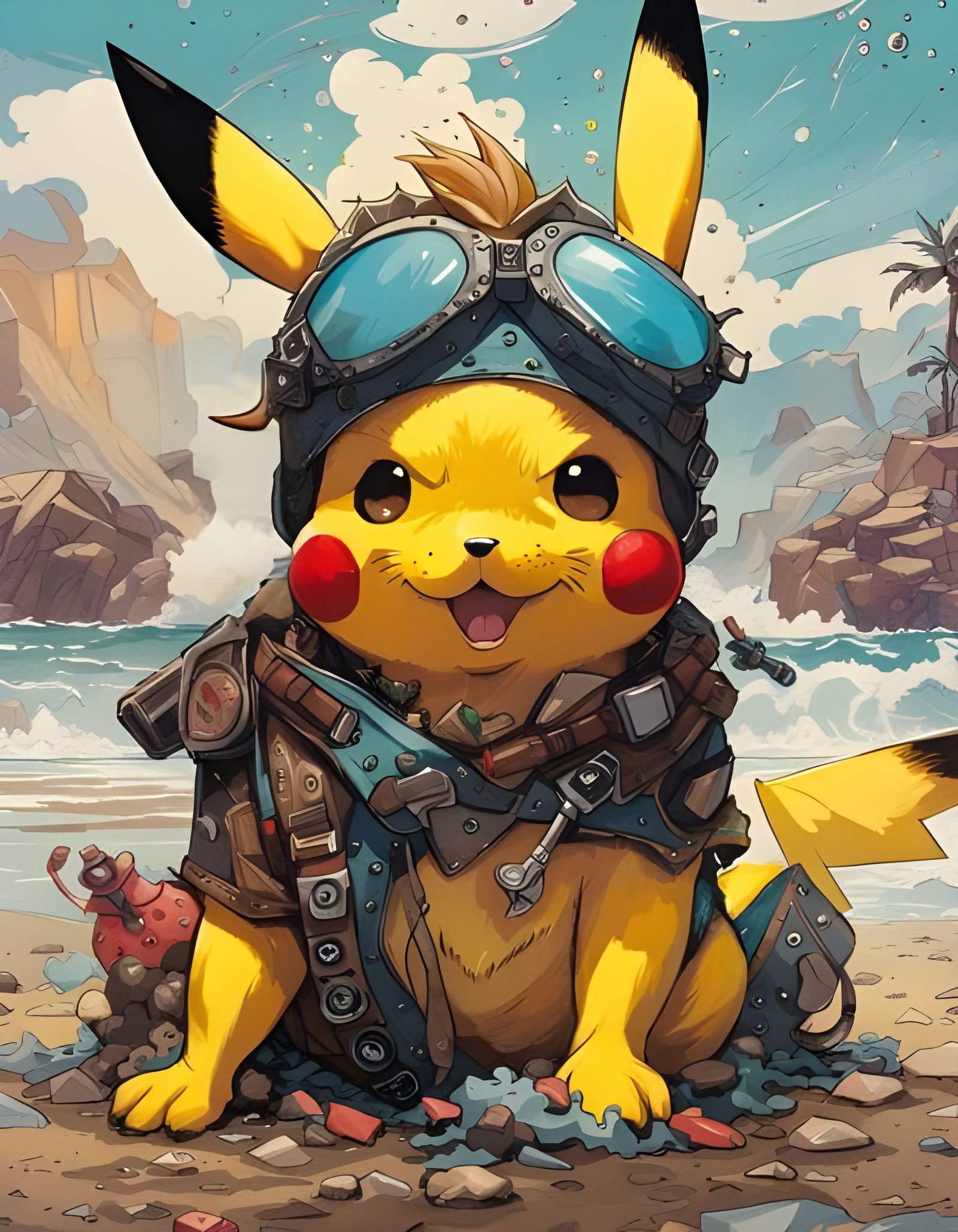 Punk Rock Pikachu's Beach Day: Hyperdetailed Illustration