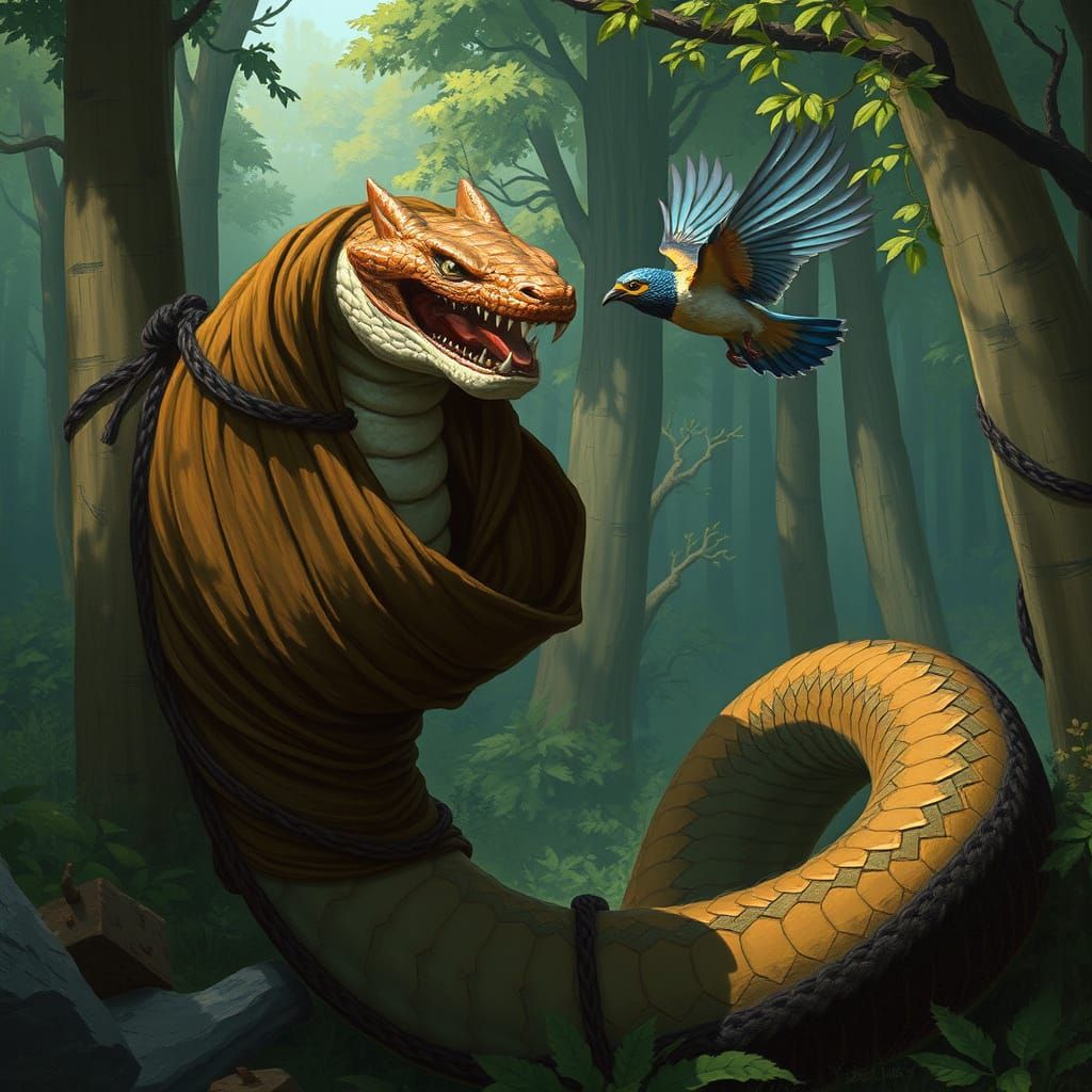 Serpent Hunts Bird in Lush Forest