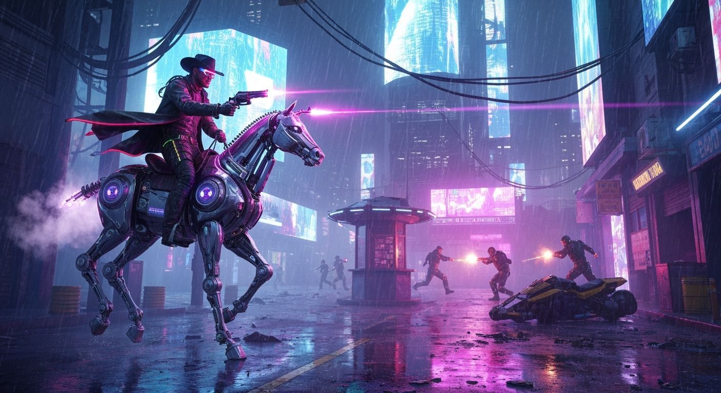 Futuristic Cowboy in Neon Cyberpunk Cityscape