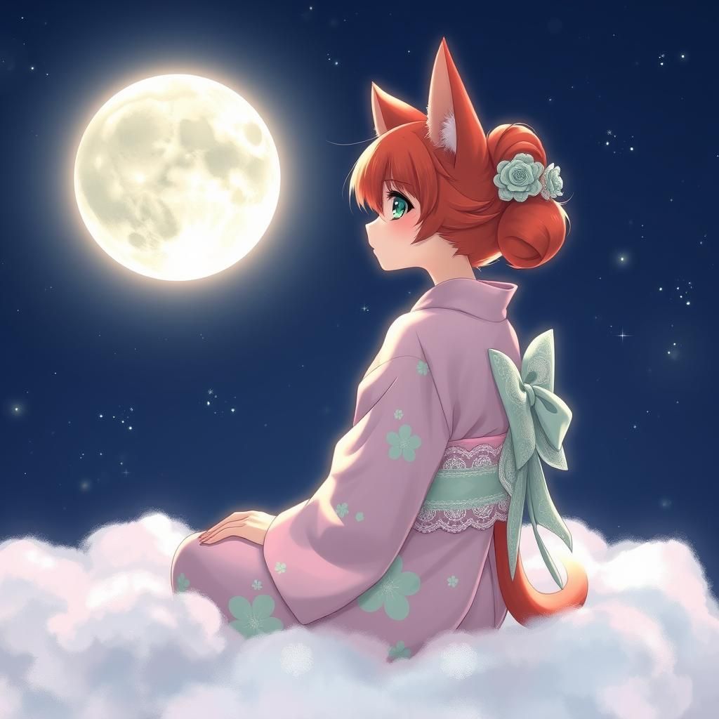 Cat-Eared Woman Moon Viewing in Anime Style