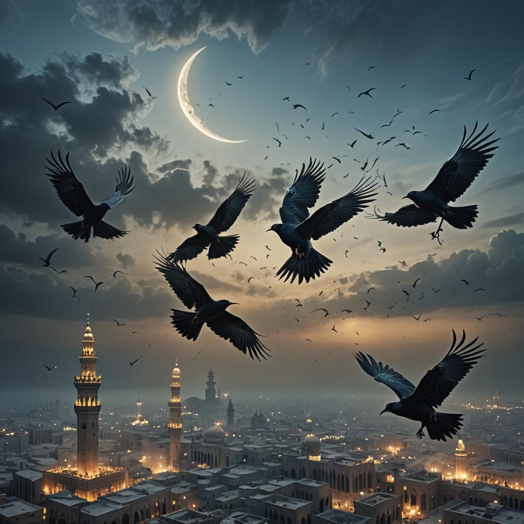 Ababil Birds Hovering Over Mecca in Dark Fantasy Art