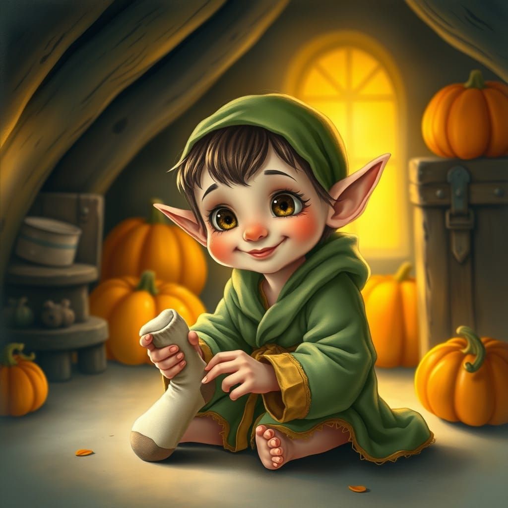 Whimsical House Elf Child Plays in Cozy Attic