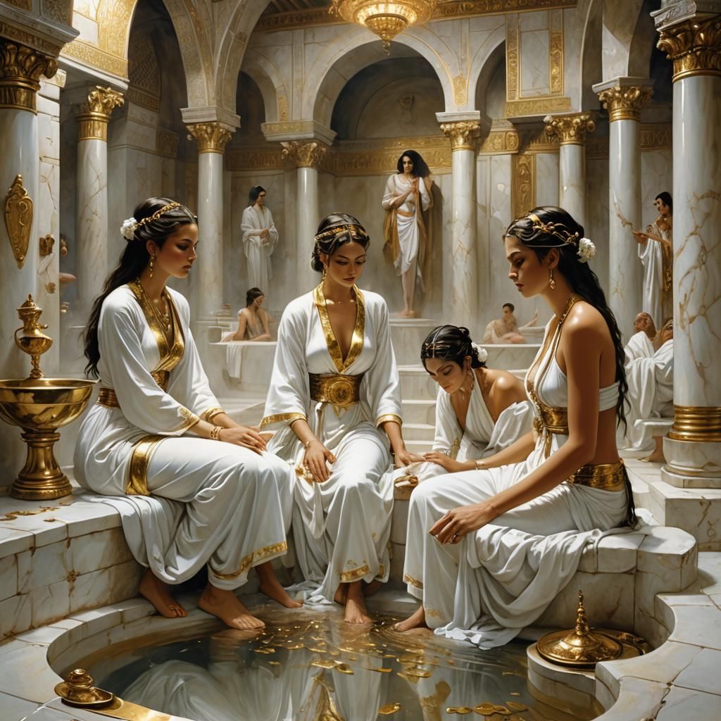 Nymphs Bathing in a Roman Hamam, Pin-Up Illustration