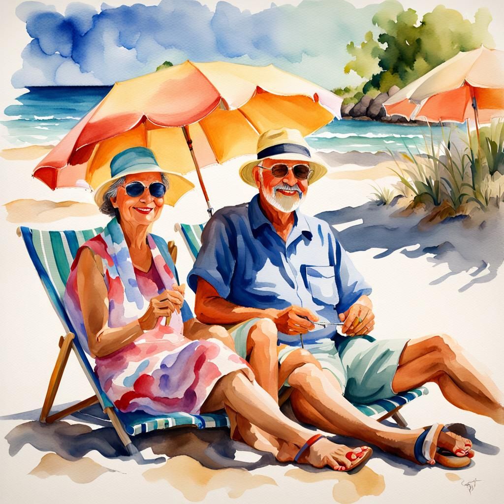 Serenely Happy Beachgoers in Watercolor