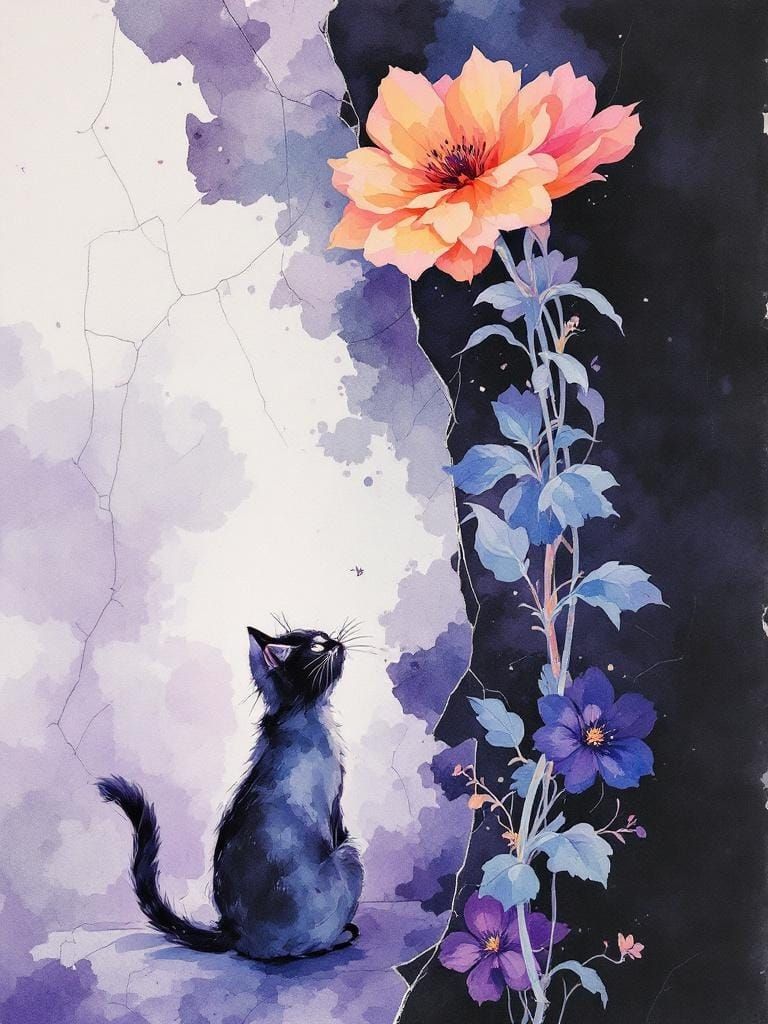 Cat Under Flower in Atmospheric Watercolor Style