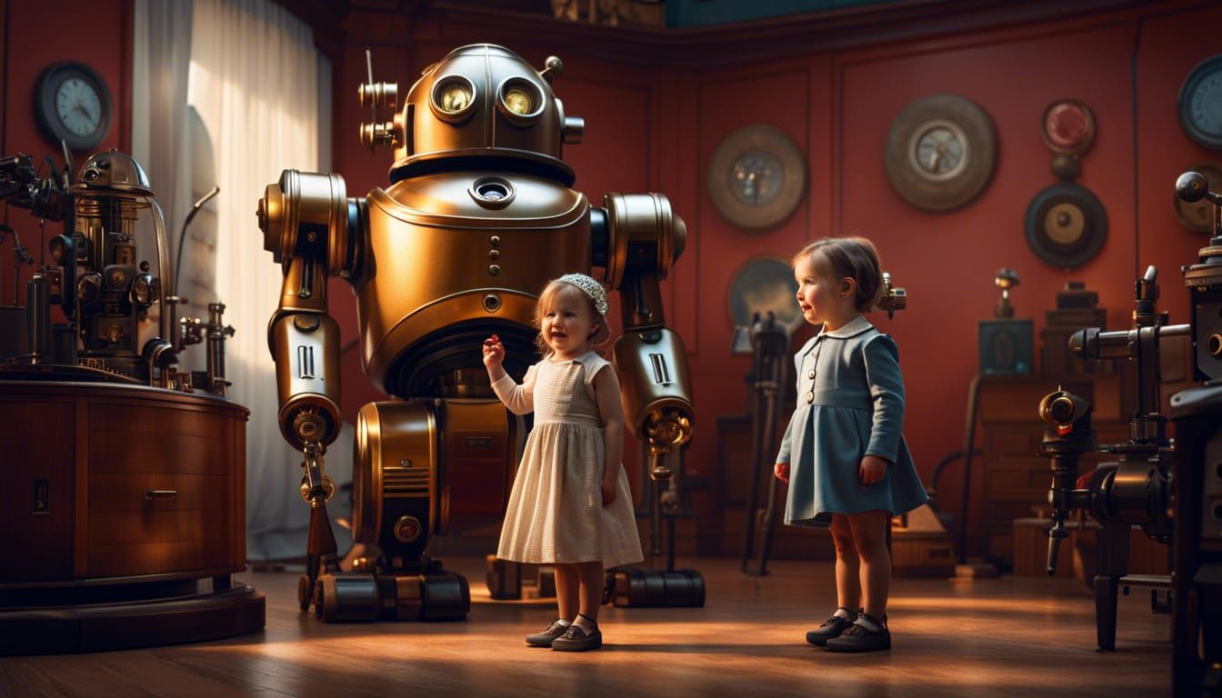 Toddler and Dieselpunk Robot in Playroom