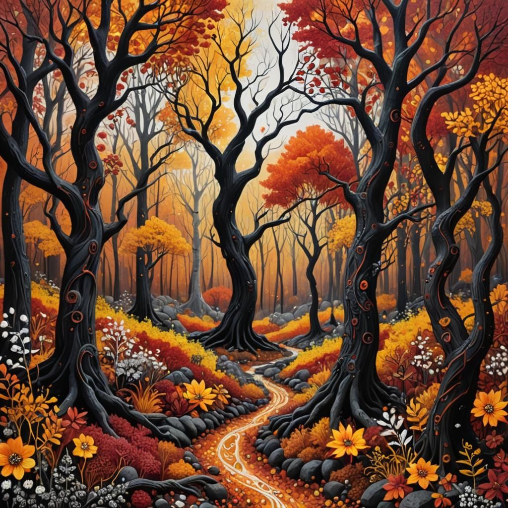Fantastical Autumn Forest Mixed Media Painting