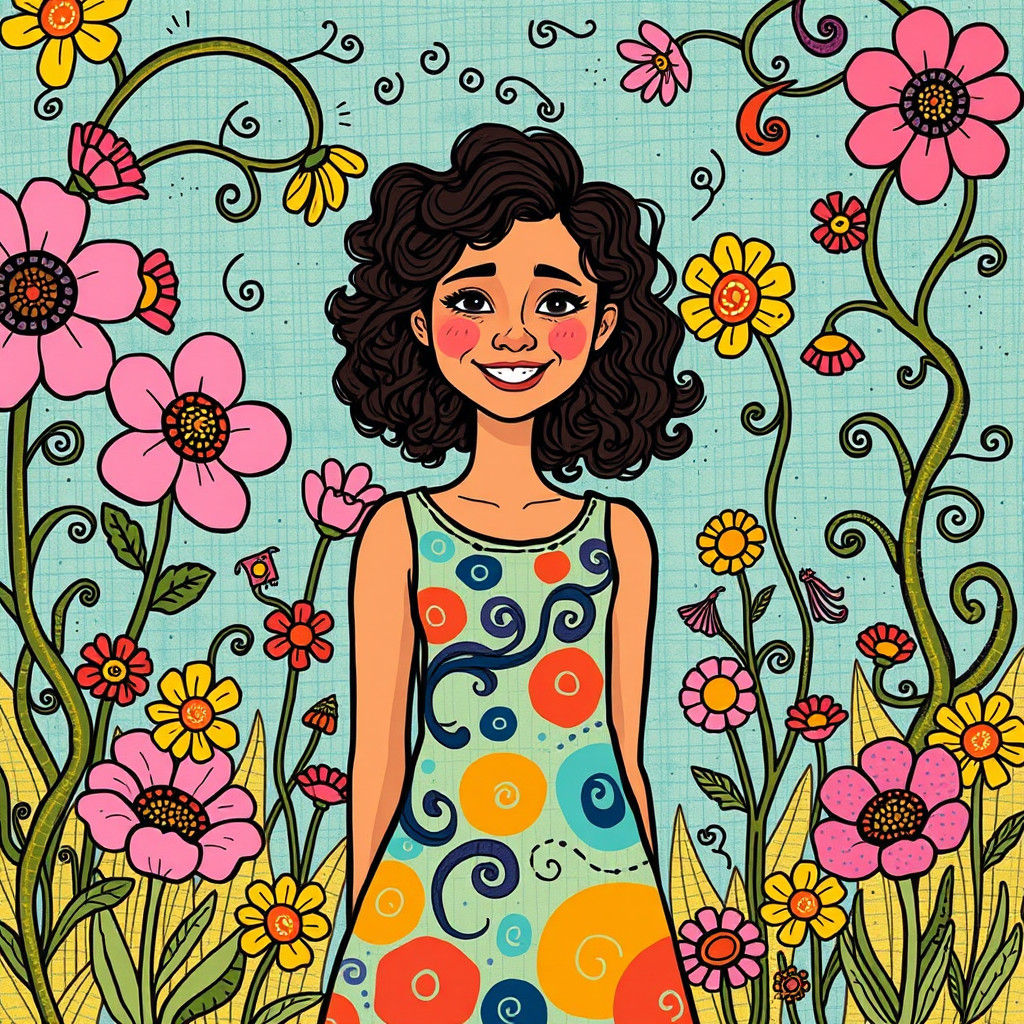Whimsical Garden Portrait in Folk Art Style