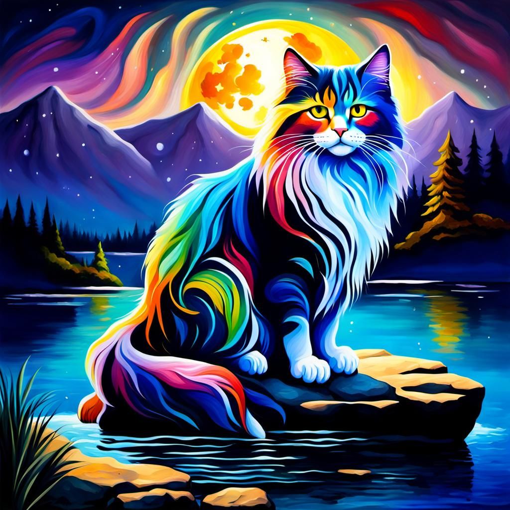 Ethereal Fantasy: Colorful Cat Under Full Moon