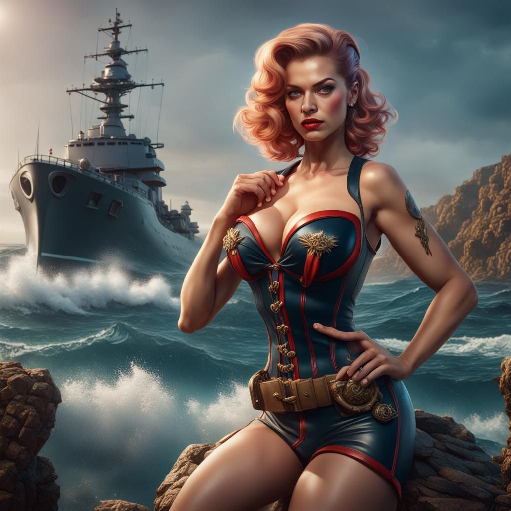 Hyperrealistic Marine Pinup Girl in Detailed Matte Painting