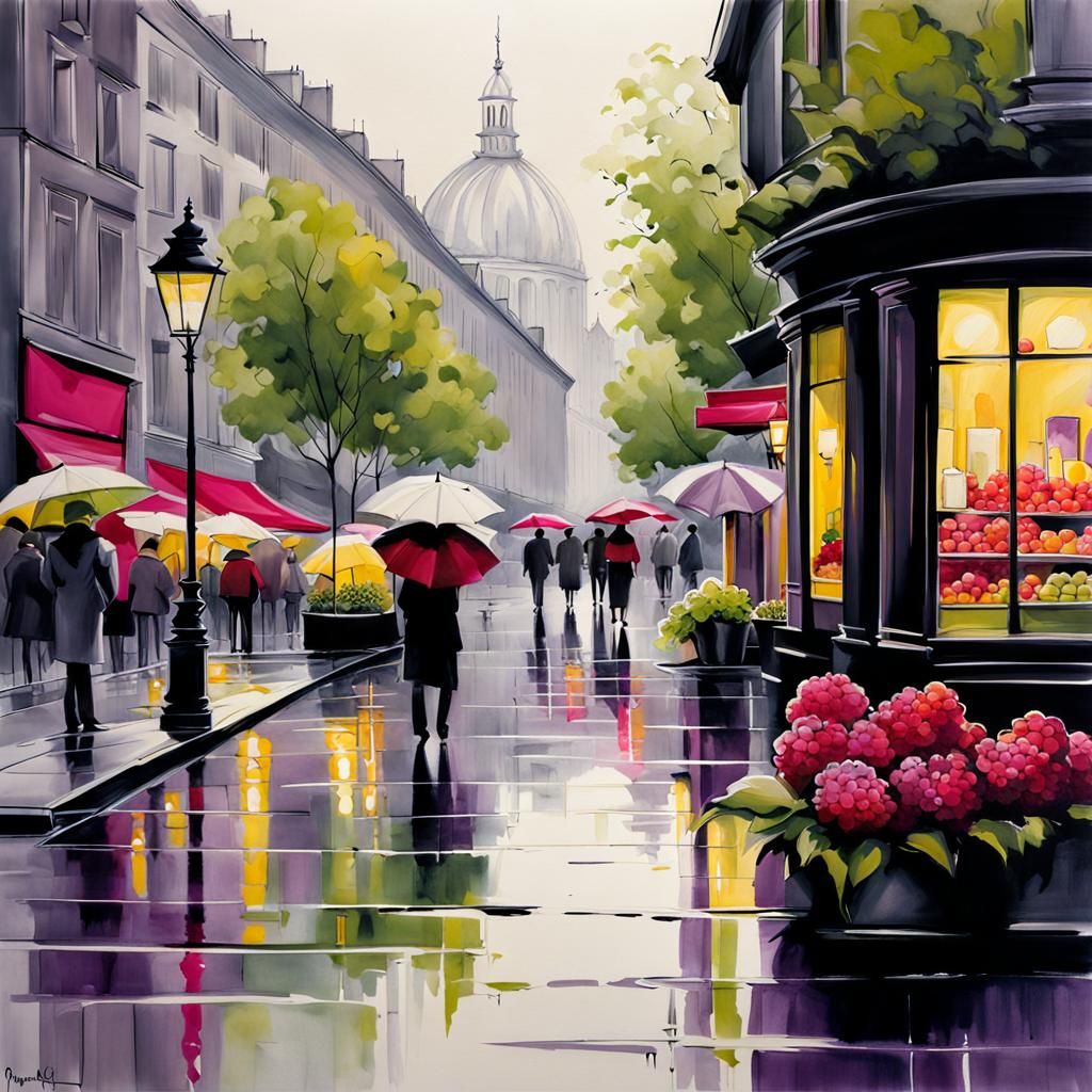 Rainy Spring City Street with Graphite Sketch Style