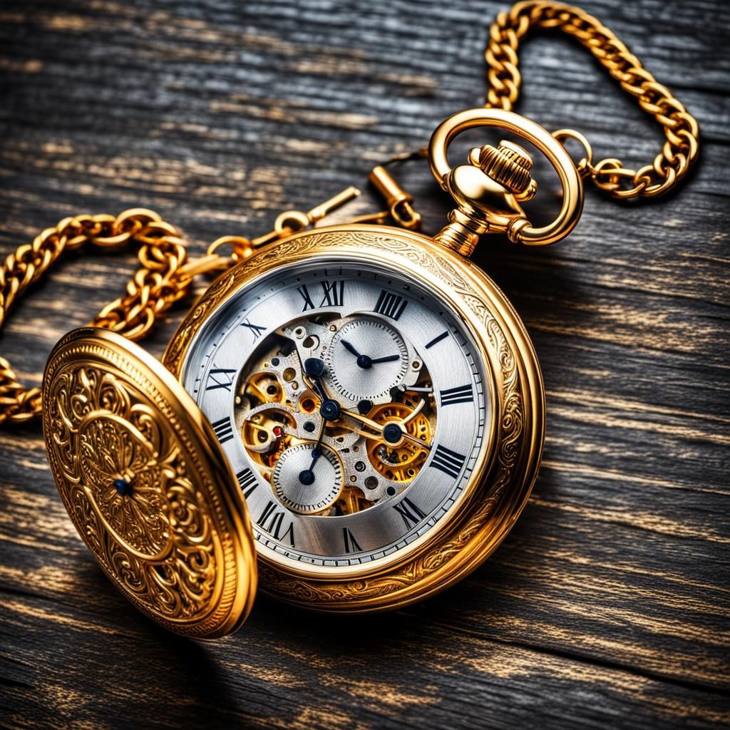 Intricate Golden Pocket Watch in Hyperrealistic Style
