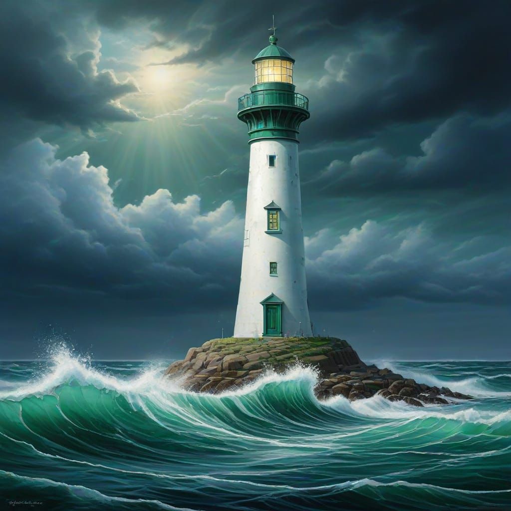 Sea Glass Lighthouse Amidst Stormy Seas Hyperrealism