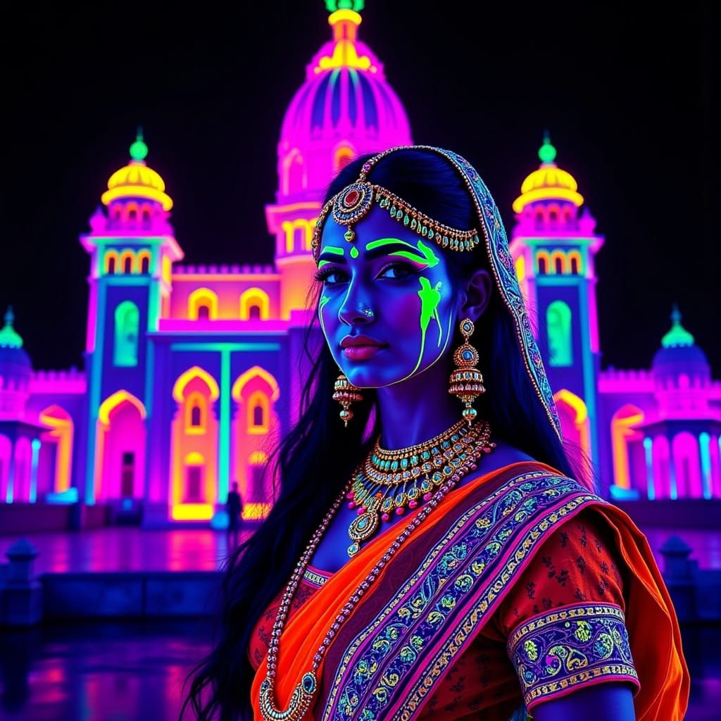 Bioluminescent Indian Woman in Traditional Garb