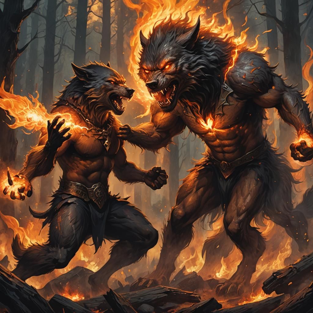 Fiery Werewolf Battle in Dark Fantasy Style