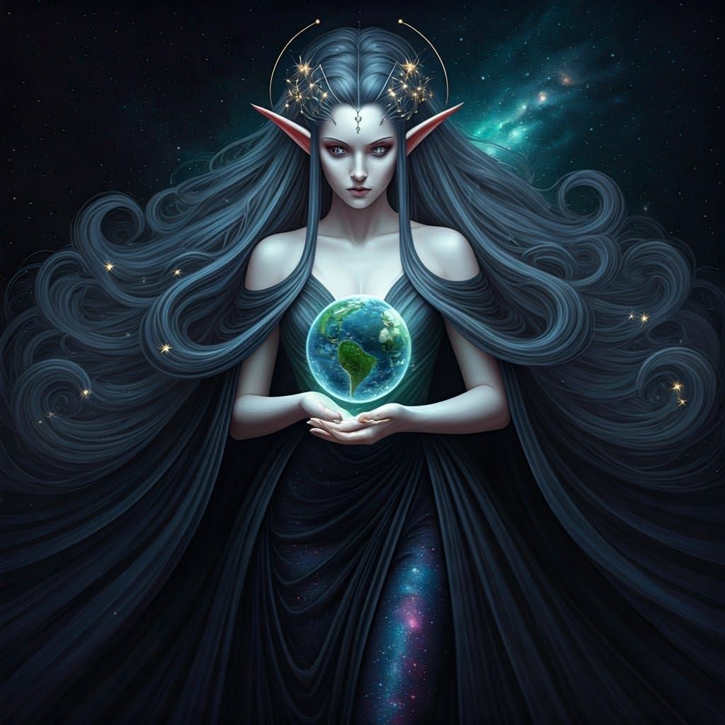 Celestial Goddess with Glowing Orb in Space