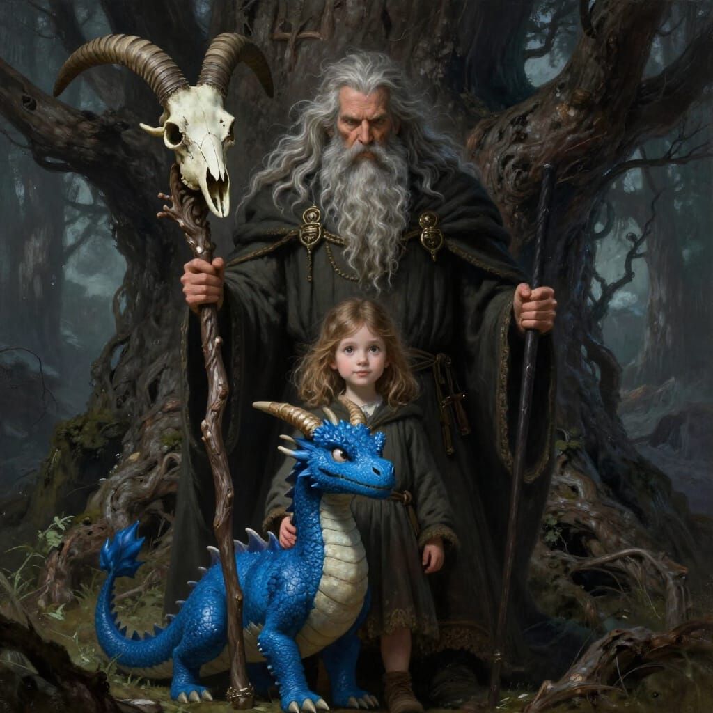 Druid with Blue Dragon and Girl in Dark Fantasy Style