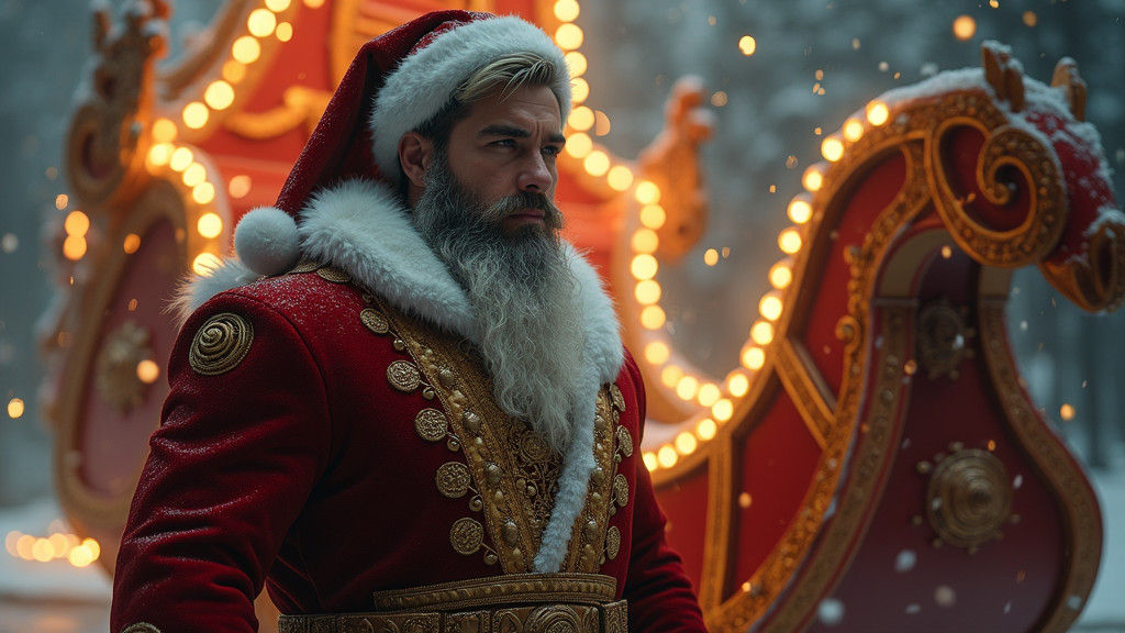 Handsome Santa Claus with Ornate Sleigh, Cinematic Lighting