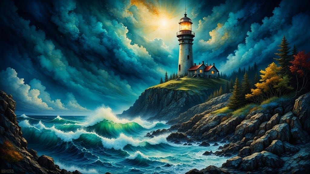 Lighthouse on Stormy Coastline in Hyperrealistic Style