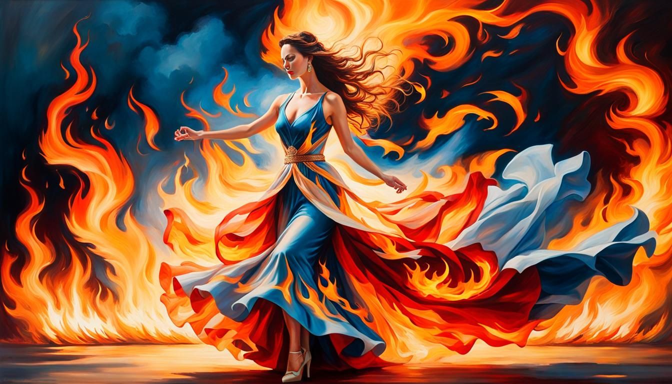 Flaming Dress Dance: Rich Oil Painting