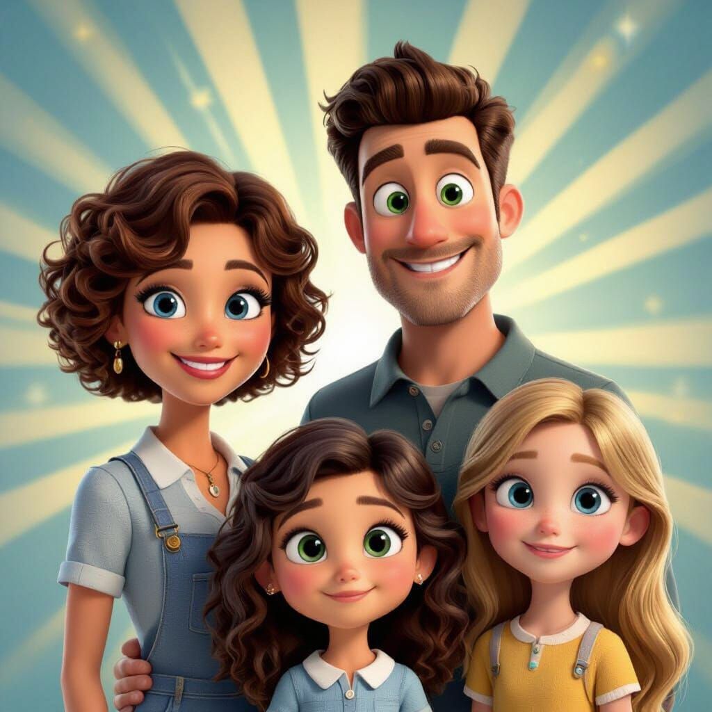 Joyful Pixar-Style 3D Digital Art Poster of the Lucas Family
