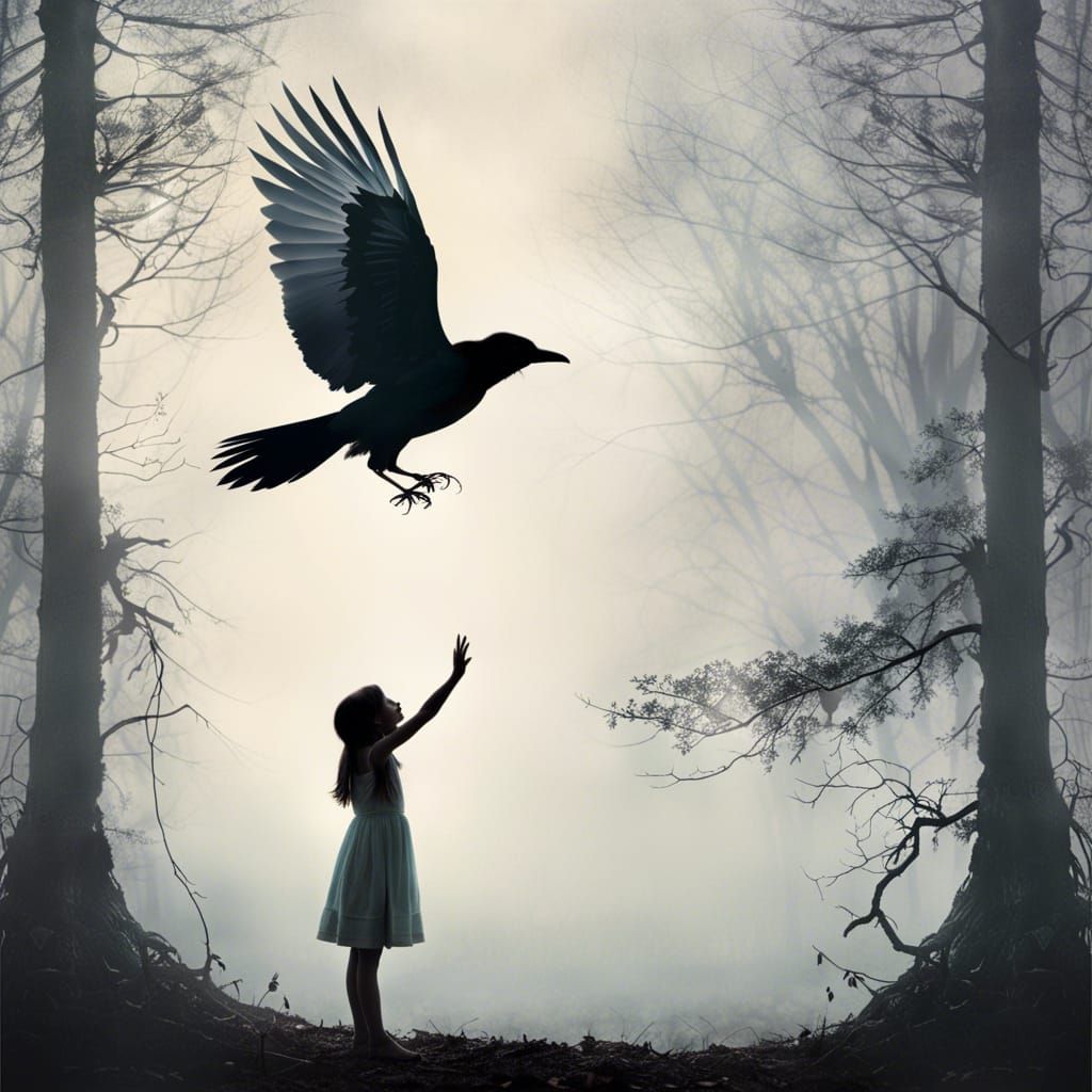 Fairytale Girl Reaching for Raven in Misty Forest