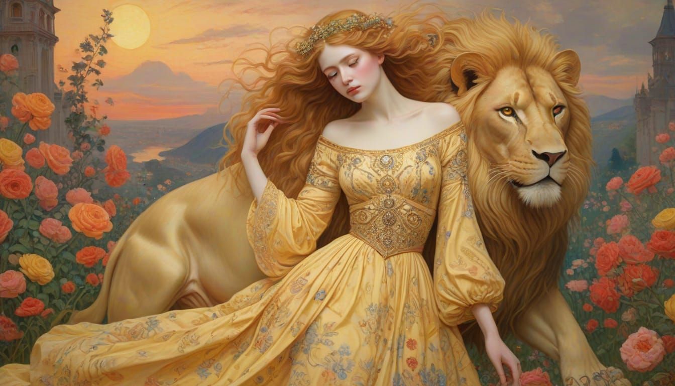 Divine Beauty in Ethereal Light: A Young Blonde and Her Lion