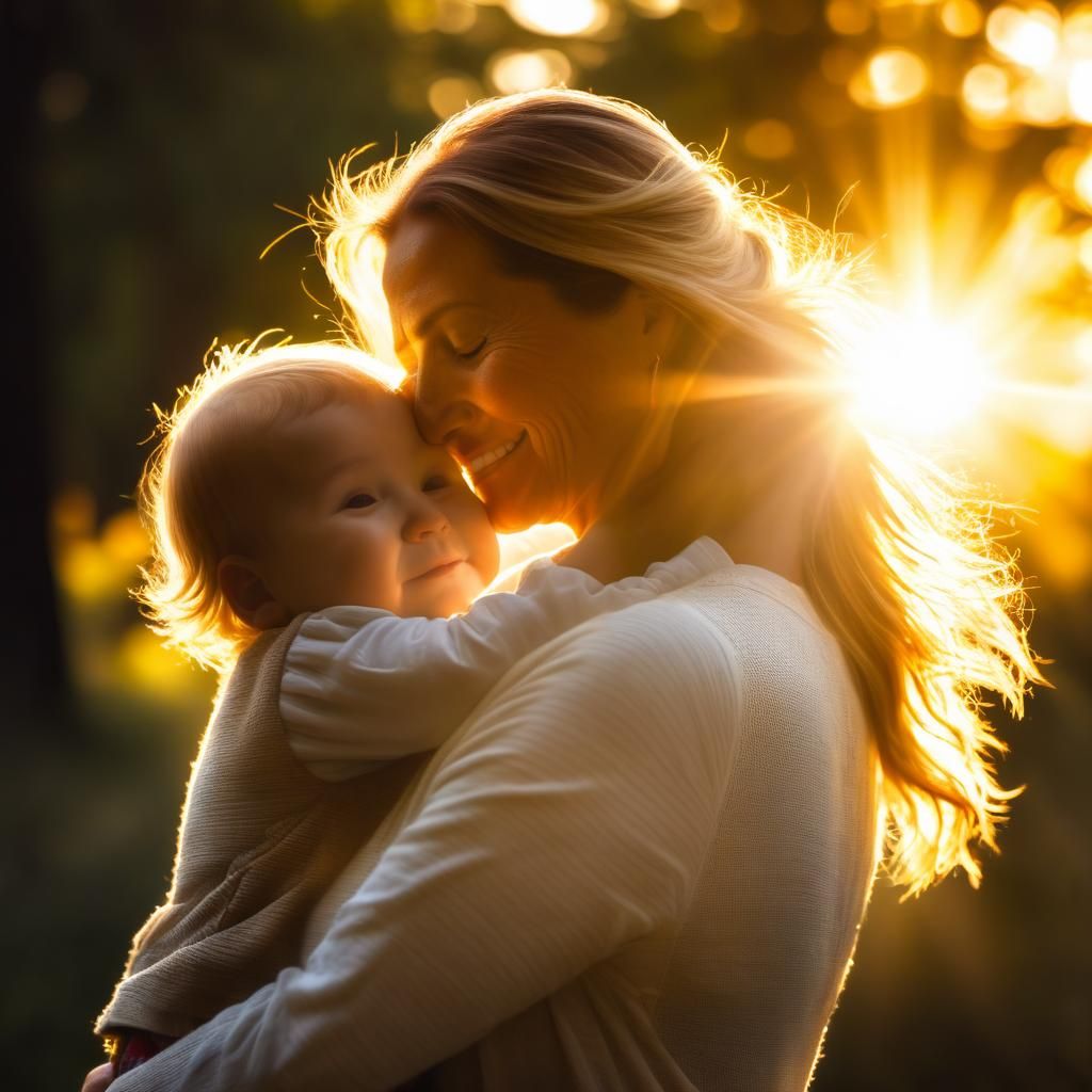 loving mother hugging her child warm embrace beautiful sunshine rays