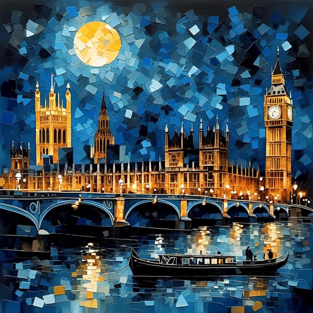 London at Night: Vibrant Cubist Ink Sketch