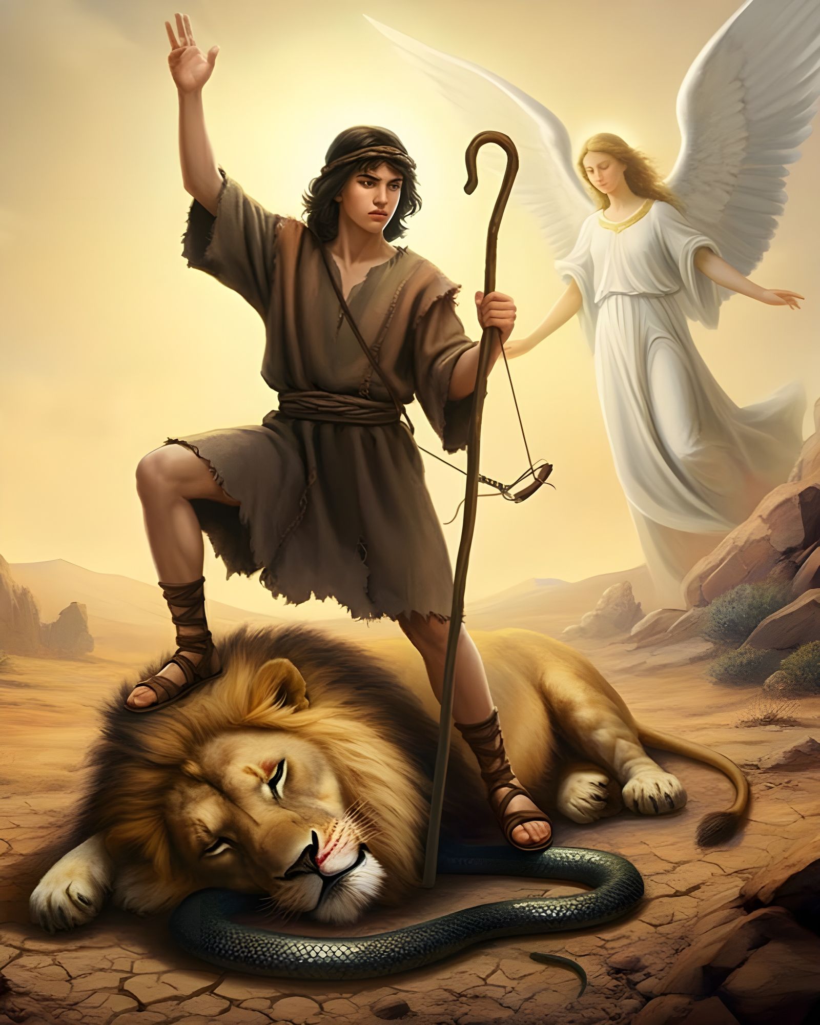 Victorious Shepherd Protected by Angels in Earthy Tone