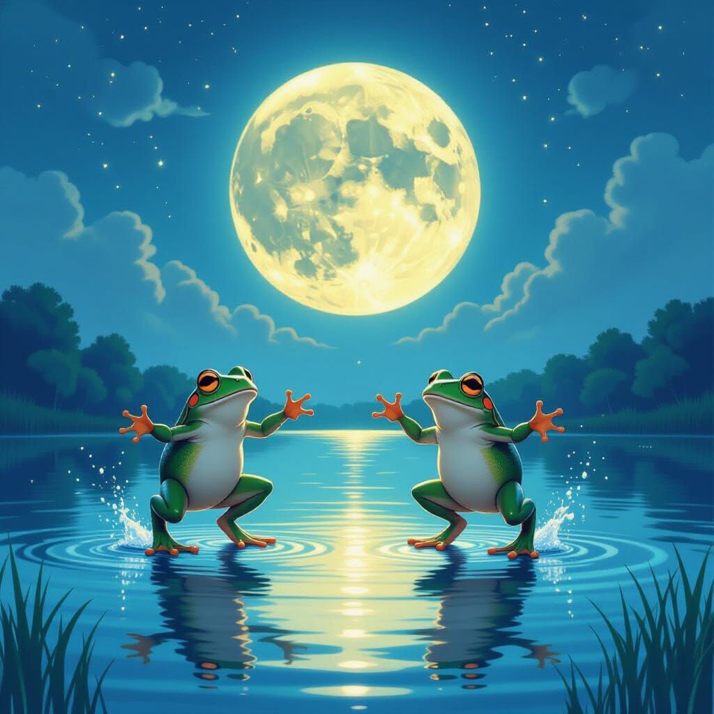 Frogs Dancing Under Luminous Moon in Fantasy Style