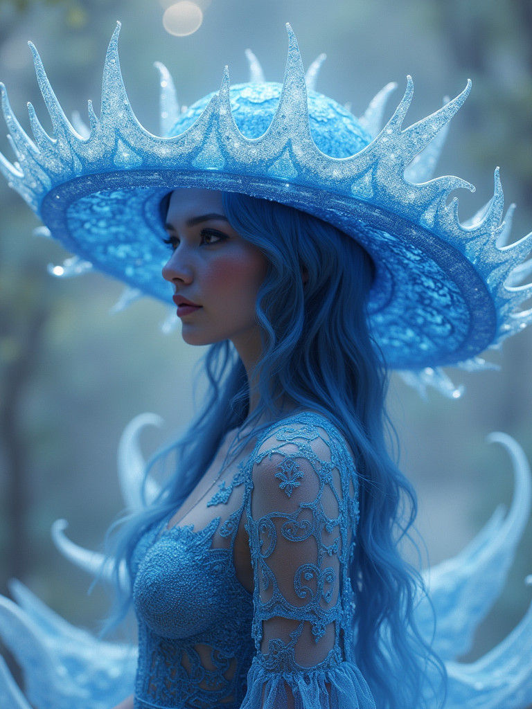 Woman with Enormous Intricate Hat in Blue