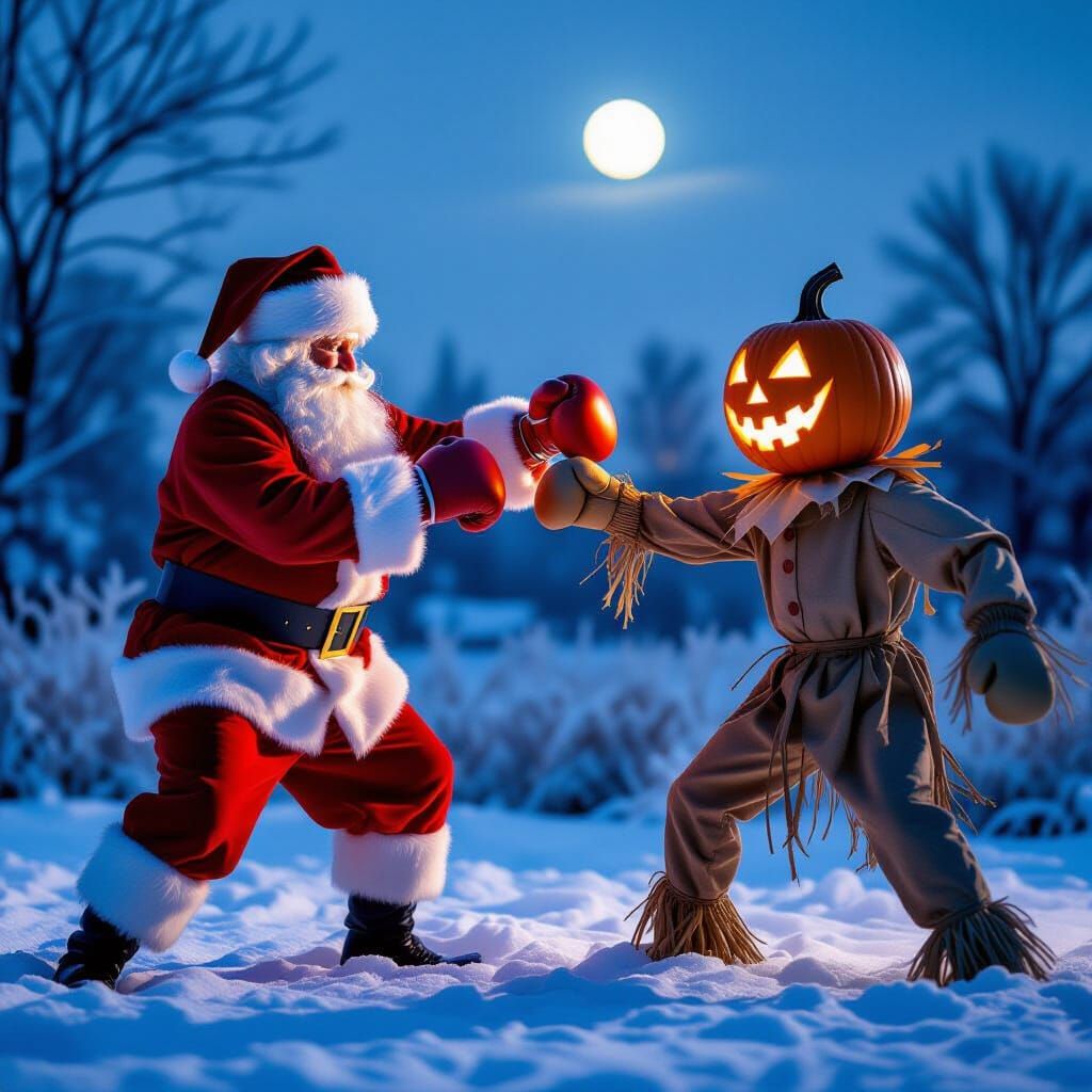 Santa Claus Boxing a Pumpkin-Headed Scarecrow in Snowy Field