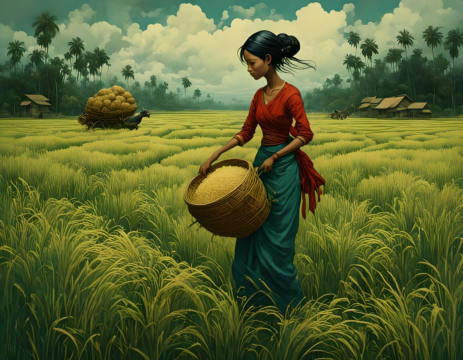 Balinese Women Harvest Rice in Simplistic Pastel Style