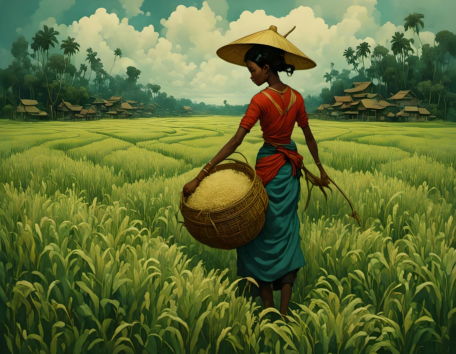 Balinese Rice Harvest in Whimsical Cubist Style