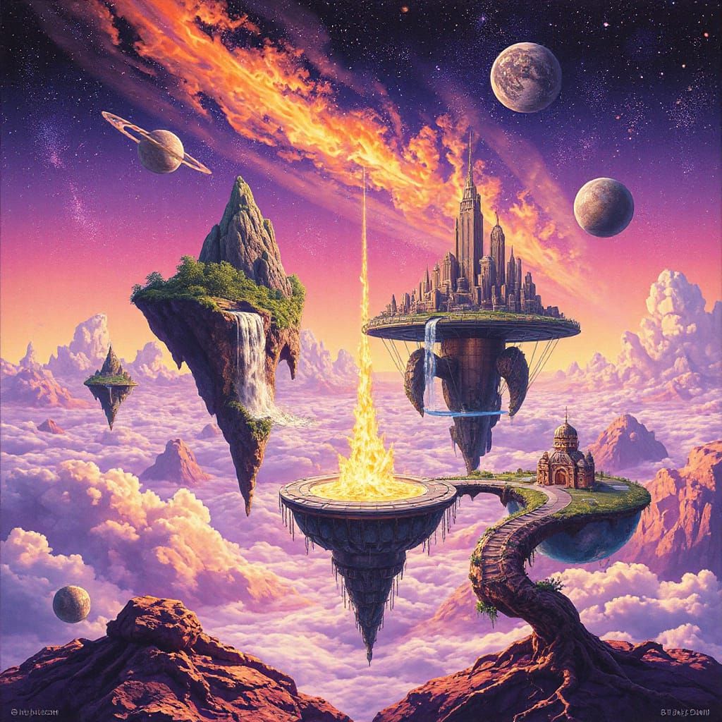 Floating Islands Archipelago in Violet & Gold Sky