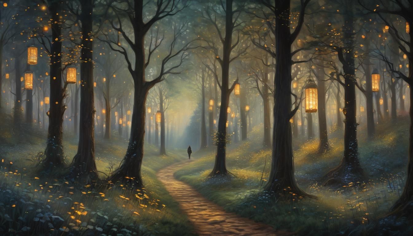 Ethereal Fantasy Landscape at Sunset in Art Nouveau Style