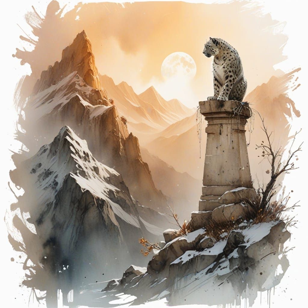 Snow Leopard on Stupa in Moonlit Winter Mist