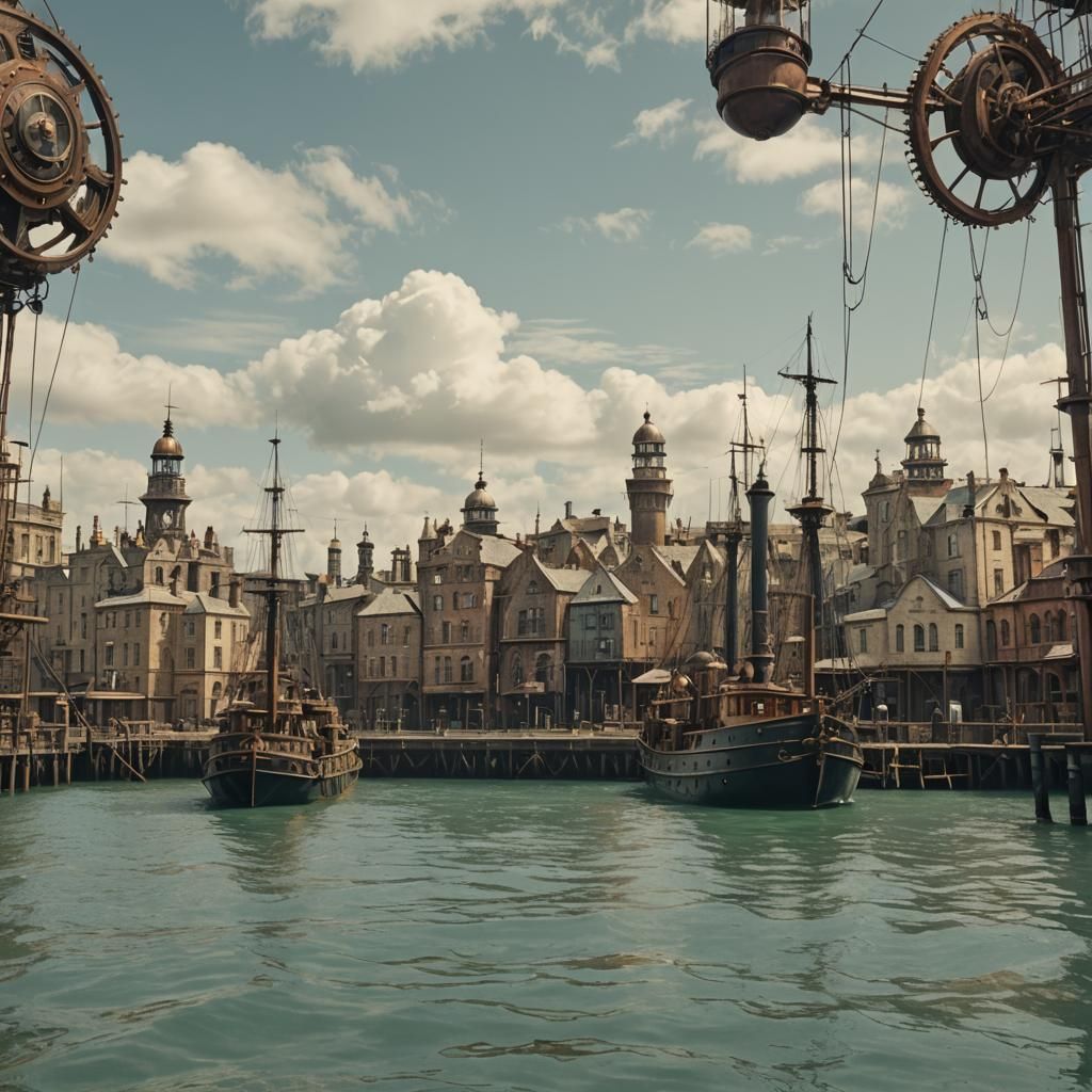 Victorian Steampunk Port Scene at Water Level