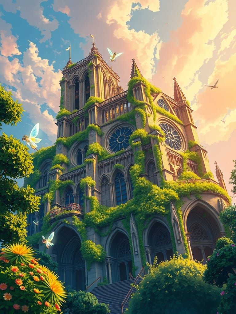 Vibrant Solarpunk Notre Dame Cathedral with Anime Fairies