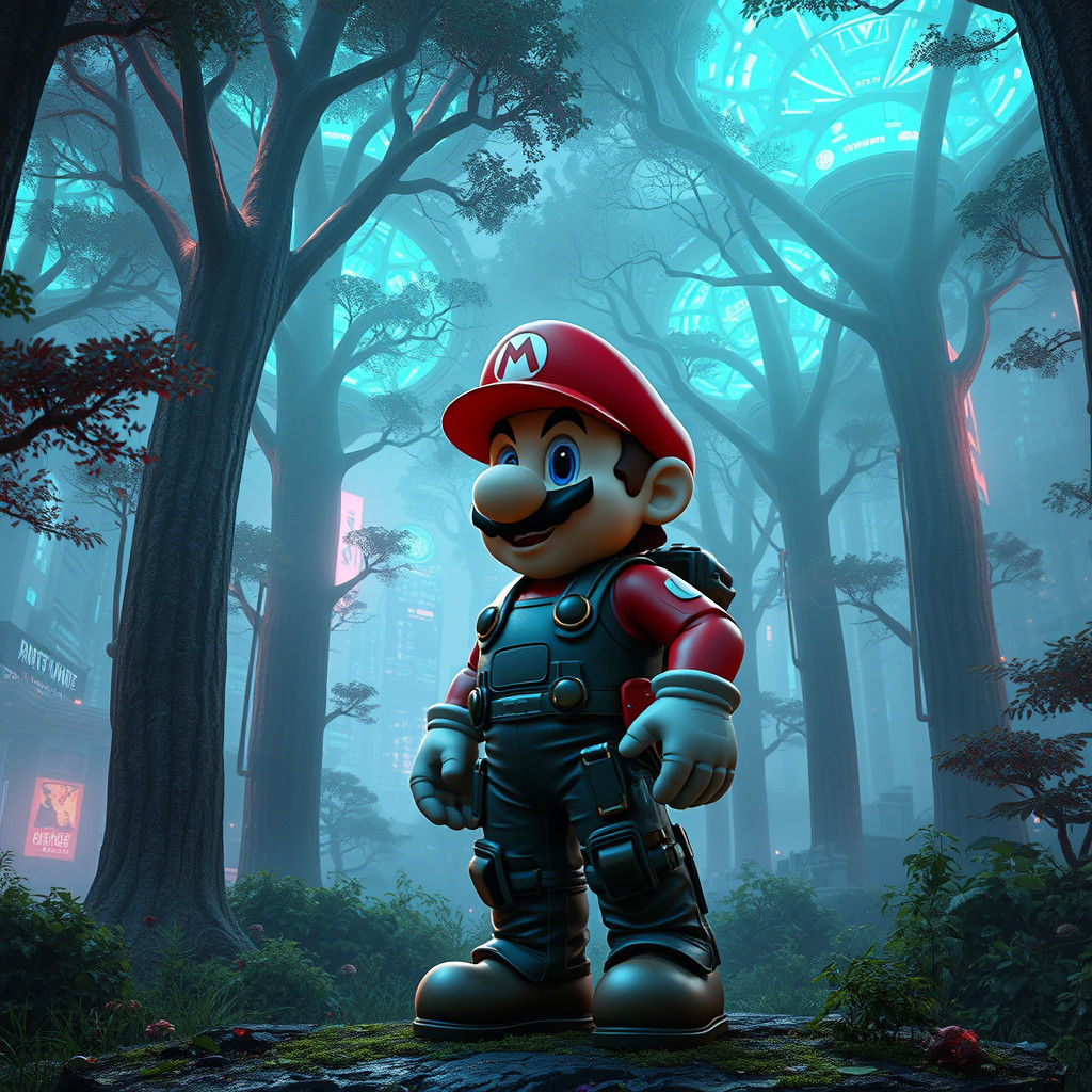 Mario in Cyberpunk Forest, Dystopian Setting